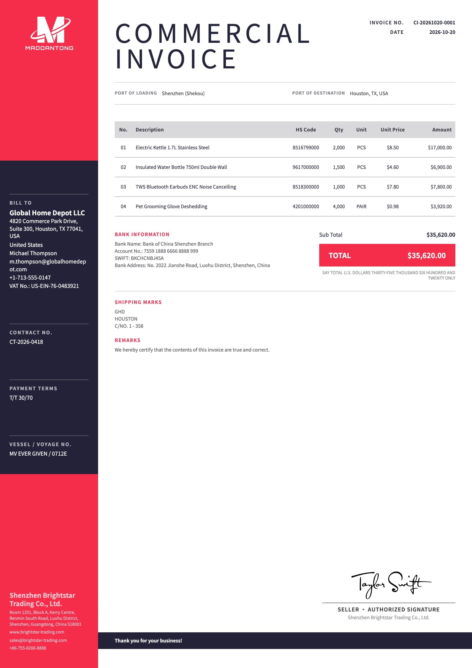 Vermilion export document template