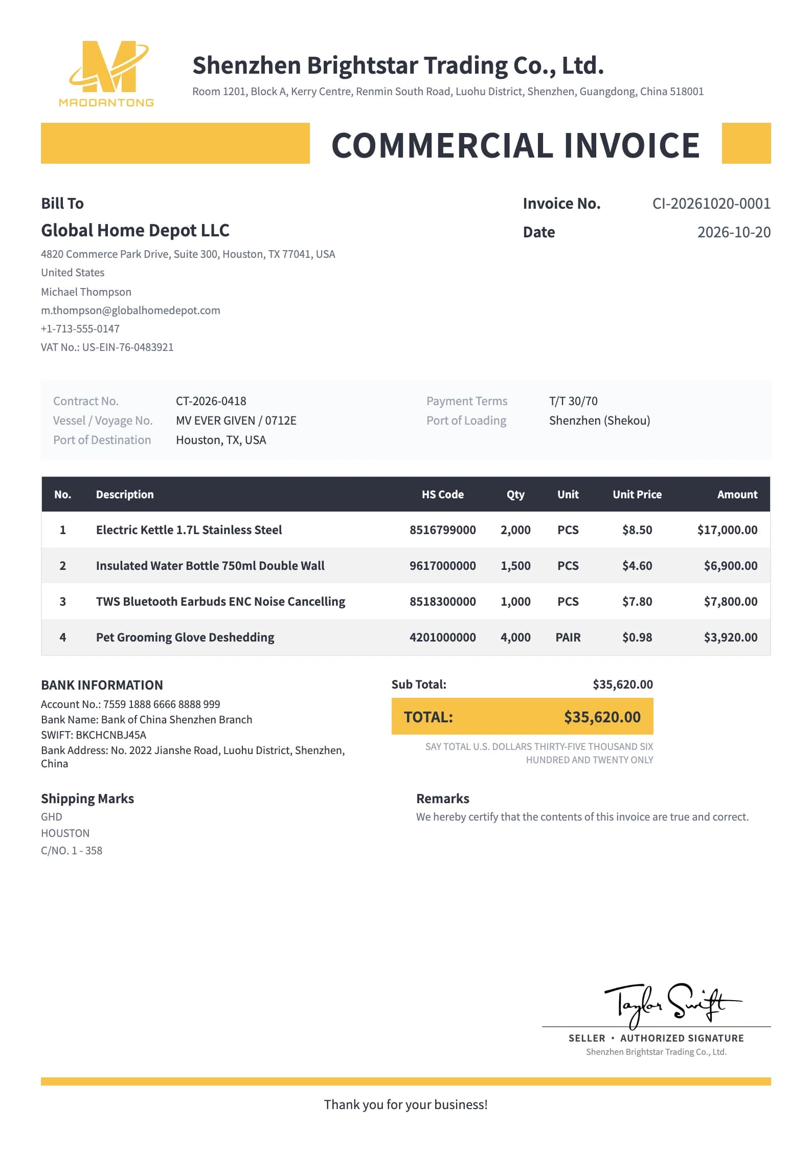 Commercial invoice made with a Maodantong template