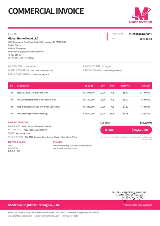 Carnation export document template