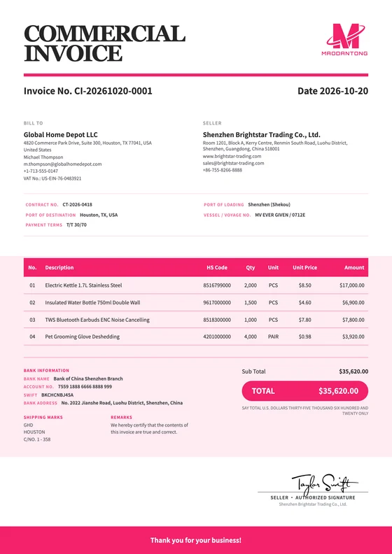 Catering Service export document template