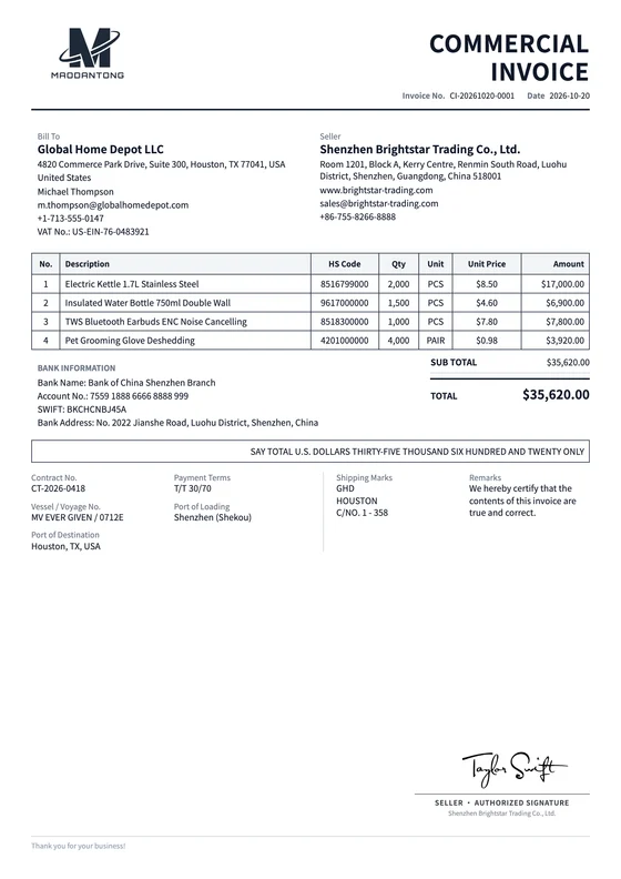 Classic export document template