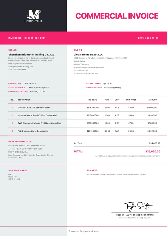 Creative Invoice export document template