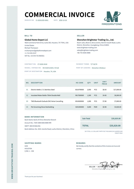 Hotel export document template
