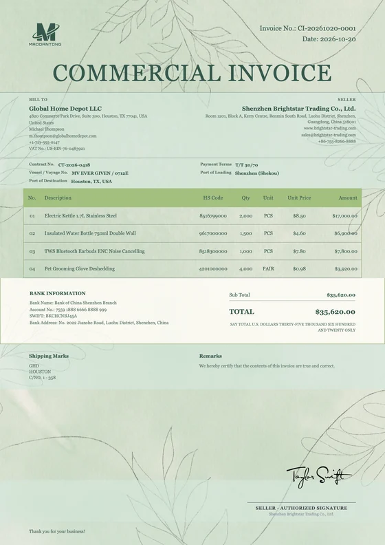 Landscaping Service export document template