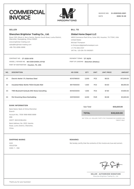 Minimalist export document template