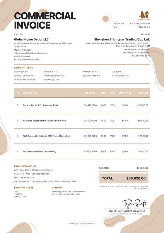 Organic Invoice export document template