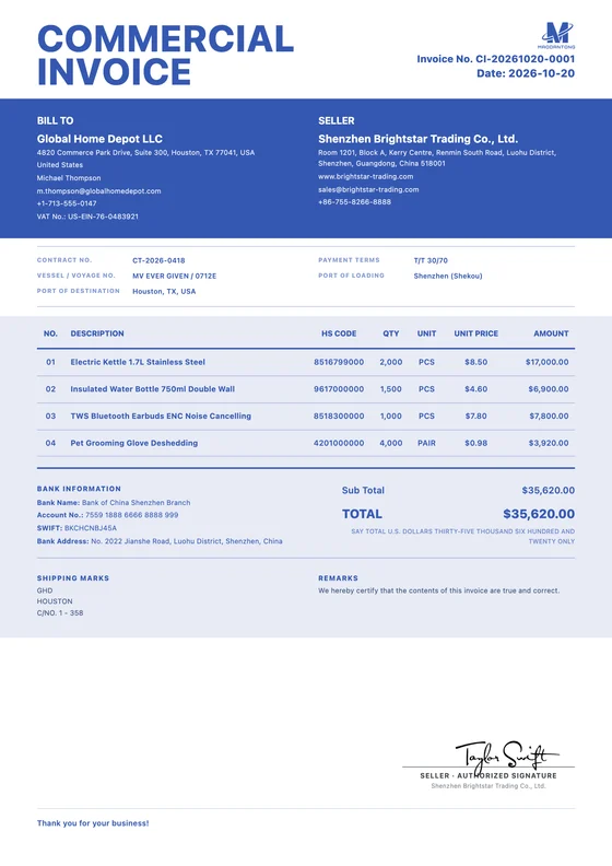 Plumber export document template