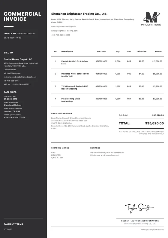 Sidebar Invoice export document template