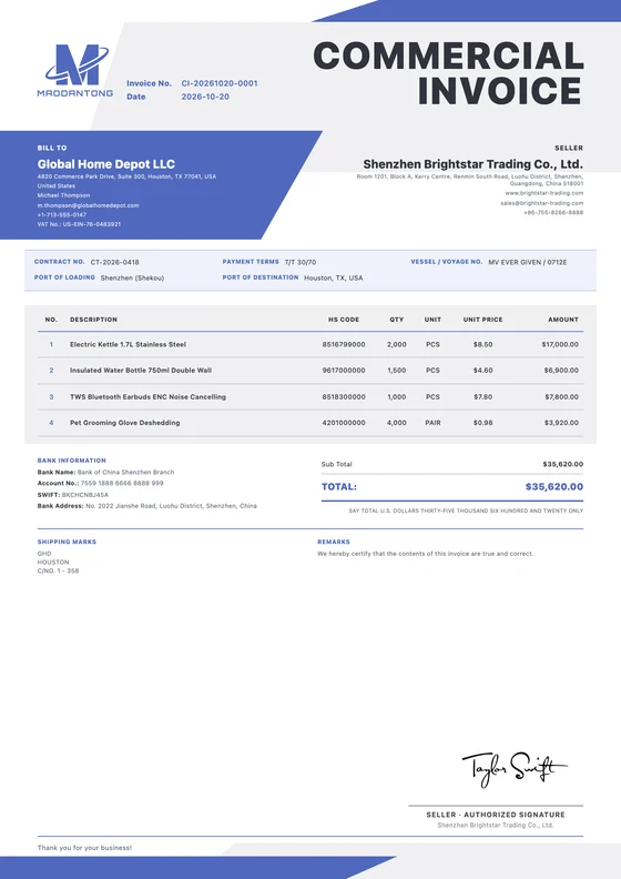 Vector Invoice export document template